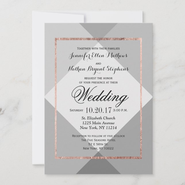 Cartes d'invitation de mariage Rose Gold Gray Geo (Devant)