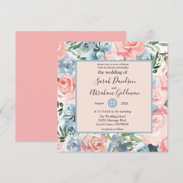 Cartes d'invitation de mariage - Roses florales bl (Devant / Derrière)