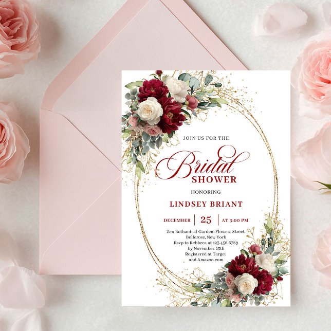 Cartes d'invitation de mariage Roses Gold Marsala  (Classic Marsala Roses Gold Bridal Shower Invitation)