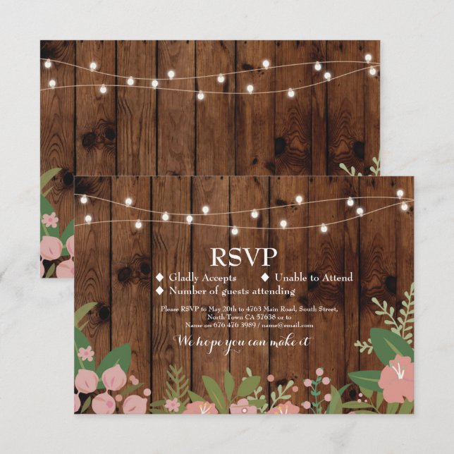 Cartes d'invitation de mariage rustique en bois fl (Devant / Derrière)