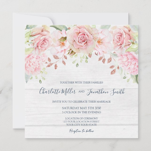 Cartes d'invitation de mariage rustiques roses flo (Devant)