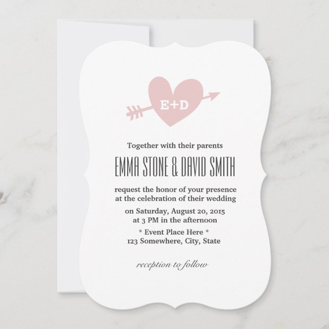 Cartes d'invitation de mariage Simple cœur rose et (Devant)