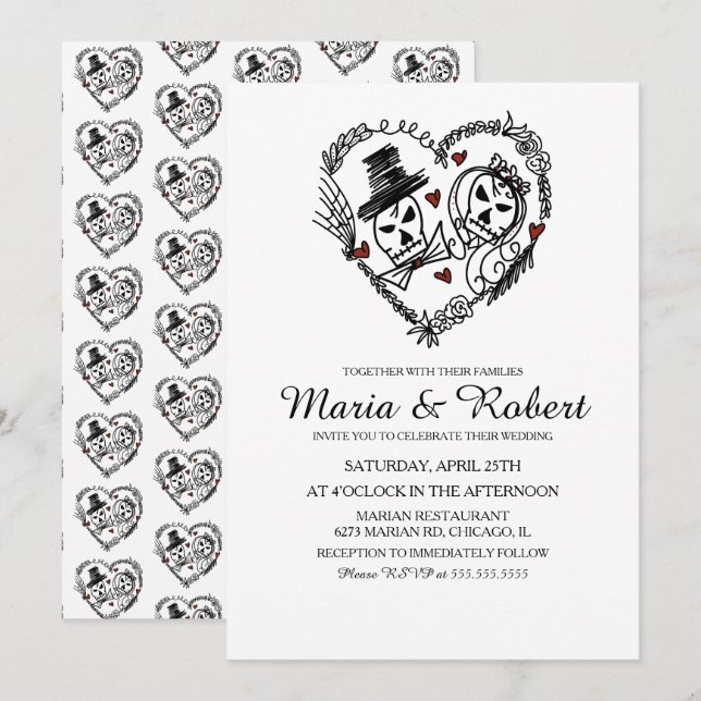 Cartes d'invitation de mariage squelette noir et b (Devant / Derrière)
