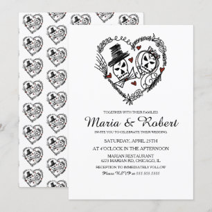 Cartes d'invitation de mariage squelette noir et b