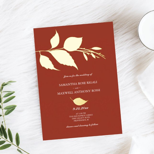 Cartes d'invitation de mariage sur le thème de l'a (orange wedding invitation orange gold foil minimalistic leaves)