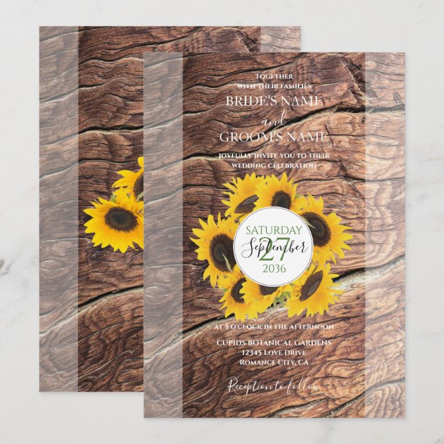 Cartes d'invitation de mariage Tournesol Rustique (Devant / Derrière)