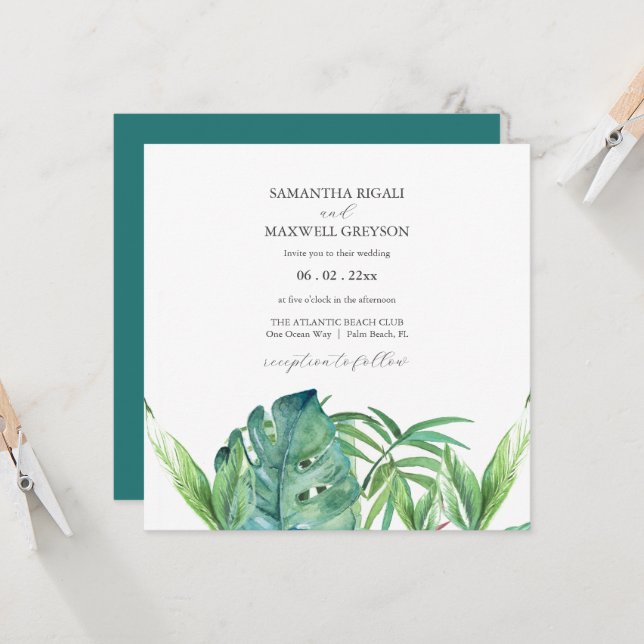 Cartes d'invitation de mariage tropicale aux palmi (Devant/Arrière en situation)