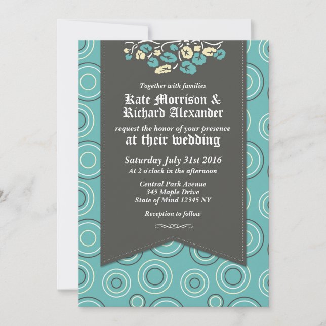 Cartes d'invitation de mariage turquoise à motifs  (Devant)