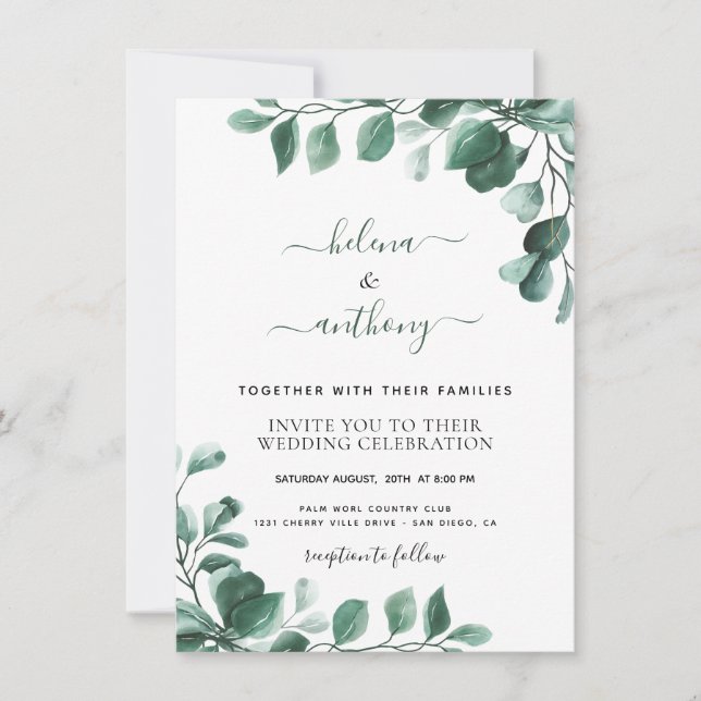 Cartes d'invitation de mariage verdure d'eucalyptu (Devant)