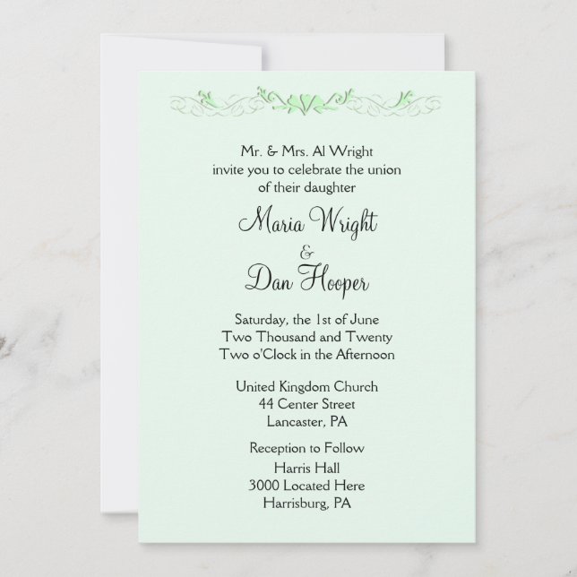 Cartes d'invitation de mariage vert menthe (Devant)