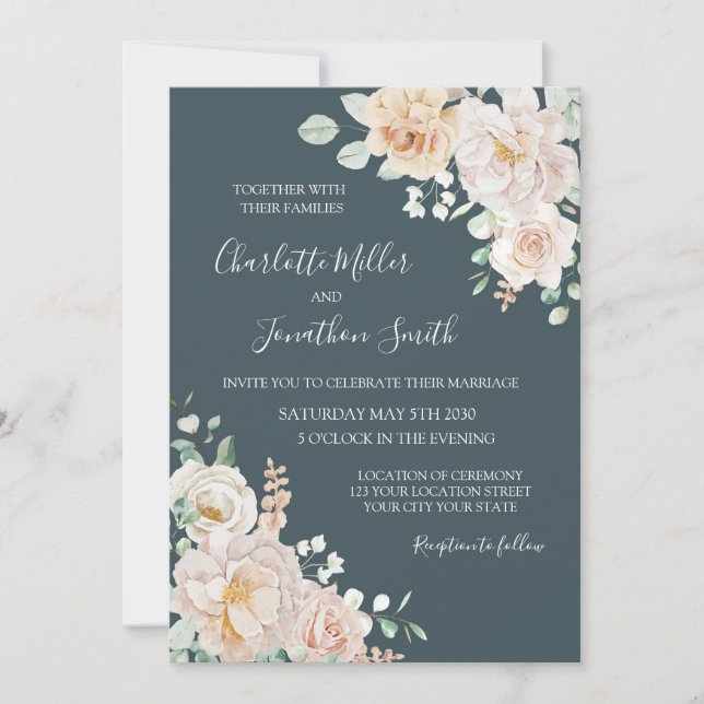 Cartes d'invitation de mariage vintage blanc flora (Devant)