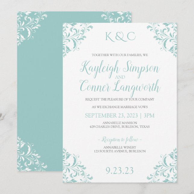 Cartes d'invitation de mariage vintage | Turquoise (Devant / Derrière)