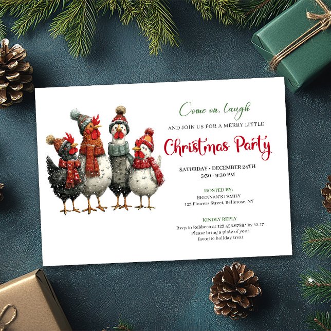 Cartes d'invitation de Noël à l'aquarelle pour une (Quirky Chickens Watercolor Christmas Party Editable)