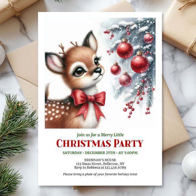 Cartes d'invitation de Noël bébé cerf forêt enneig (Festive snowy forest baby deer Christmas invitation printable)