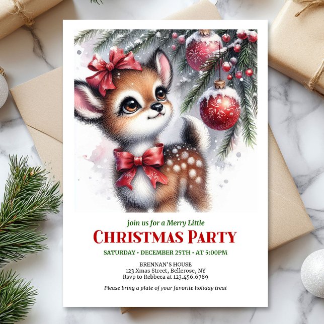 Cartes d'invitation de Noël bébé cerf forêt enneig (Festive snowy forest baby deer Christmas invitation editable card)