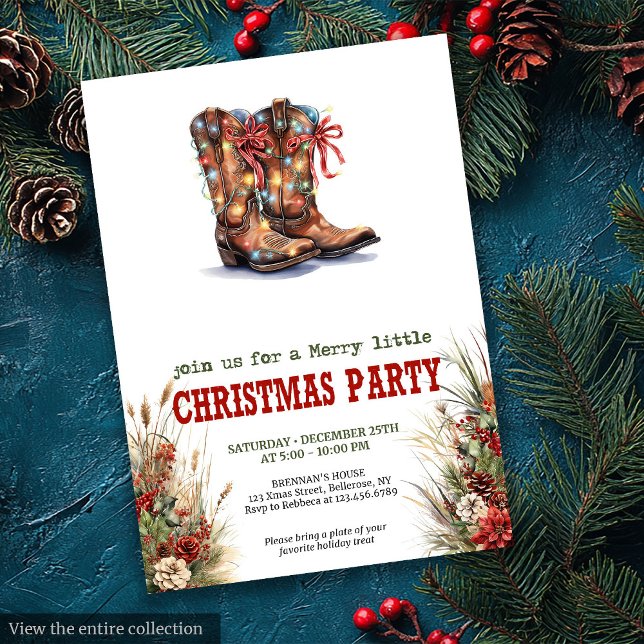 Cartes d'invitation de Noël Bottes de Cowboy Rouge (Rustic Western Christmas invite with cowboy boots, lassos, and festive red-green charm.)