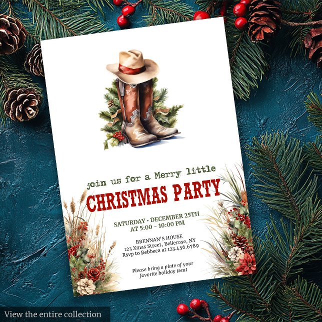 Cartes d'invitation de Noël Bottes de Cowboy Rouge (Cowboy Boots Red Green Christmas Invitation)