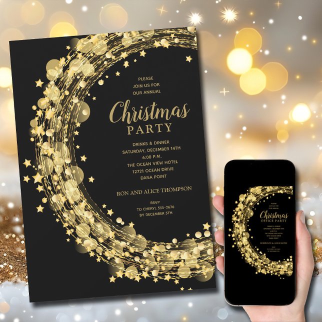Cartes d'invitation de Noël Cercles Étoiles Dorées (Gold star wreath Christmas holiday party invitations, PRINTED and/or INSTANT DOWNLOAD)