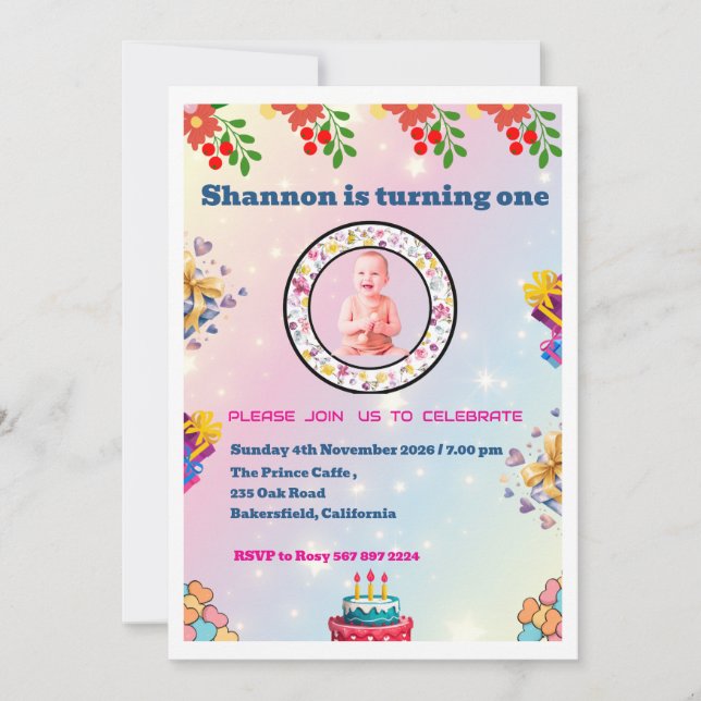 Cartes d'invitation de premier anniversaire floral (Devant)