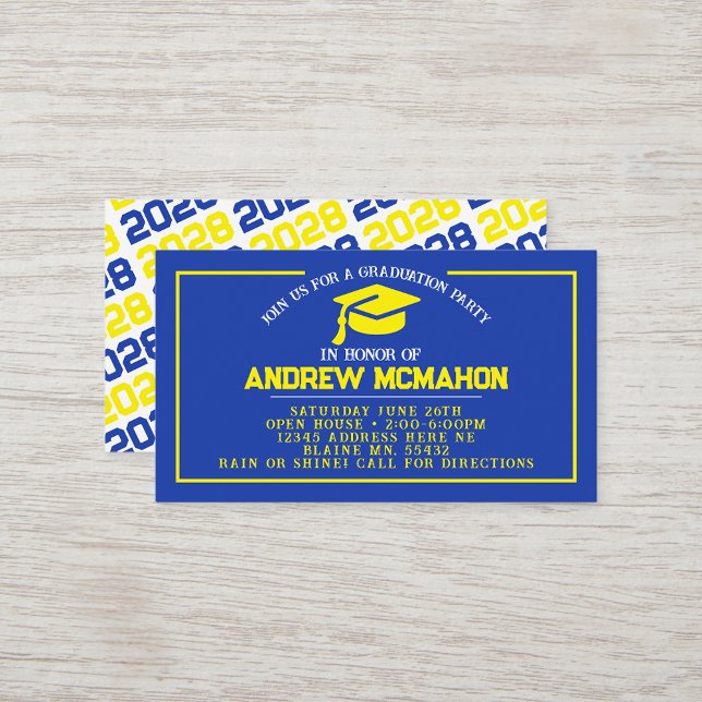 Cartes d'invitation de remise de diplômes Mini Ble (Blue & Yellow Mini Graduation Invitations for friends, classmates, teammates or announcement inserts)