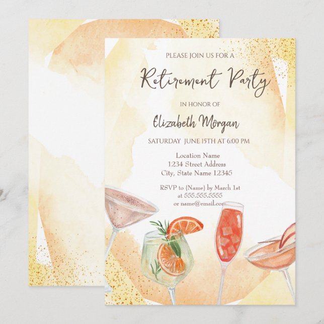 Cartes d'invitation de retraite jaune cocktails aq (Devant / Derrière)