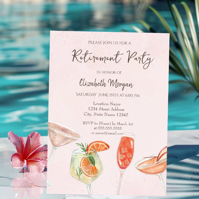 Cartes d'invitation de retraite rose aux cocktails (Créateur téléchargé)