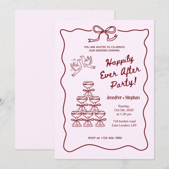 Cartes d'invitation de soirée de mariage illustrée (Devant / Derrière)