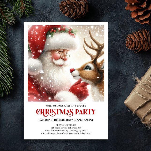 Cartes d'invitation de vacances mignonnes de Père  (Santa and Rudolph Cute Holiday Gathering Invitation)
