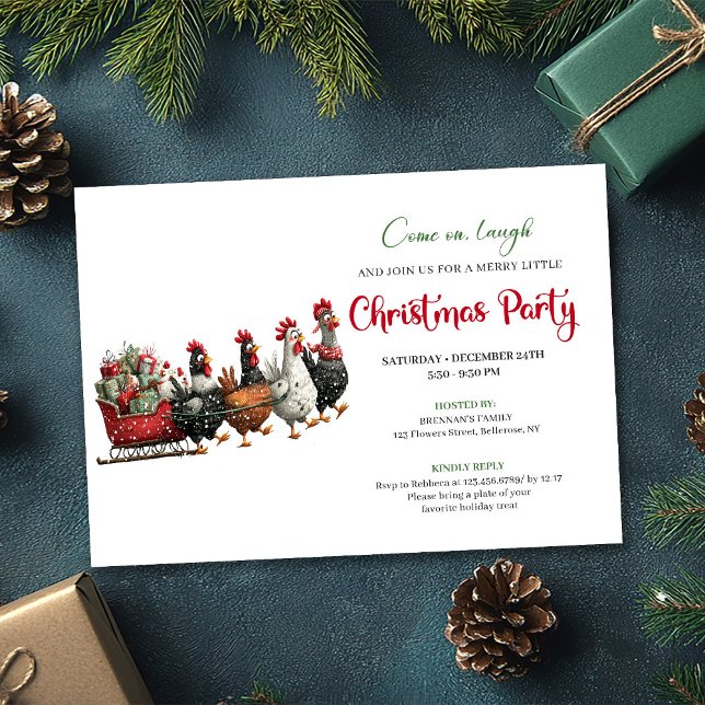 Cartes d'invitation de vacances modernes et fantai (Whimsical Cartoon Chickens Modern Holiday Invitation)