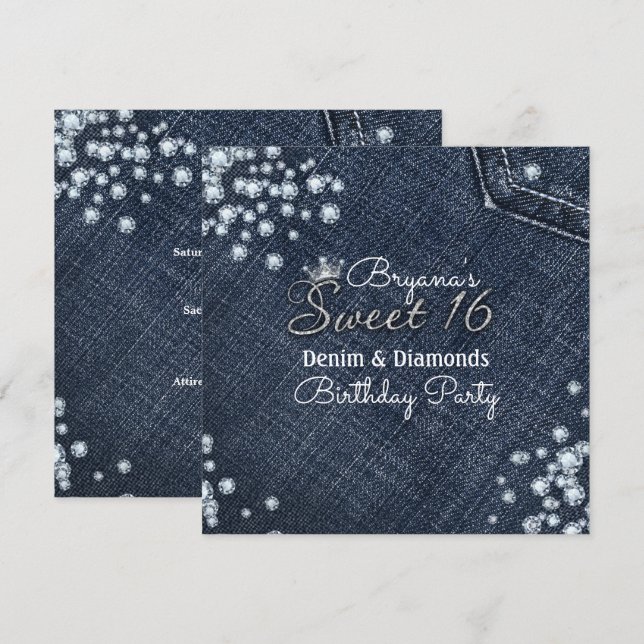 Cartes d'invitation Denim & Diamonds pour une fête (Devant / Derrière)