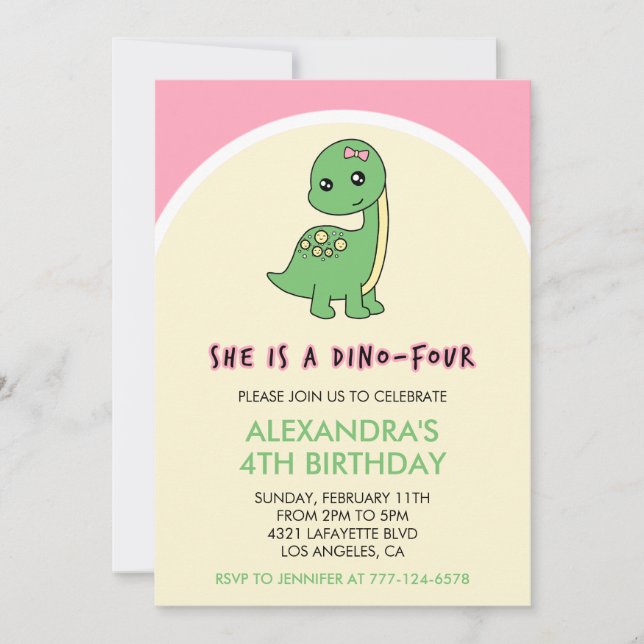 Cartes d'invitation dinosaures fille 4ème annivers (Devant)