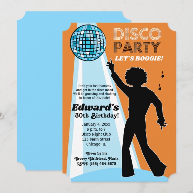 Cartes d'invitation disco pour anniversaire d'adul (Devant / Derrière)