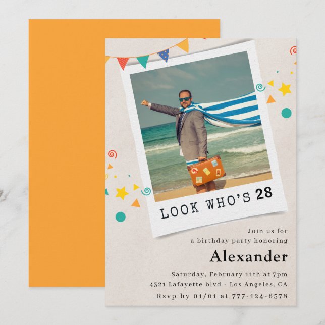 Cartes d'invitation drôles avec photo pour les 28  (Devant / Derrière)