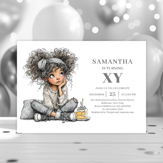 Cartes d'invitation drôles et fantaisistes pour l' (Whimsical Funny Girl Birthday Sketch Gold invitation)