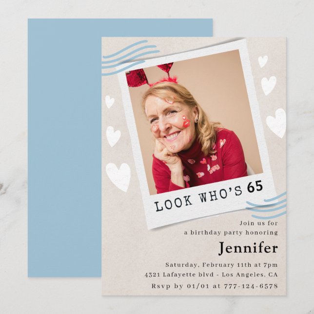 Cartes d'invitation drôles pour 65 ans Photo Regar (Devant / Derrière)