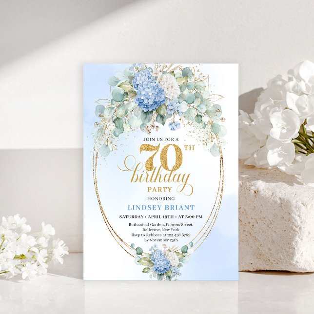 Cartes d'invitation élégantes 70e anniversaire Hyd (Elegant 70th Birthday Blue Hydrangea Gold Invitation)