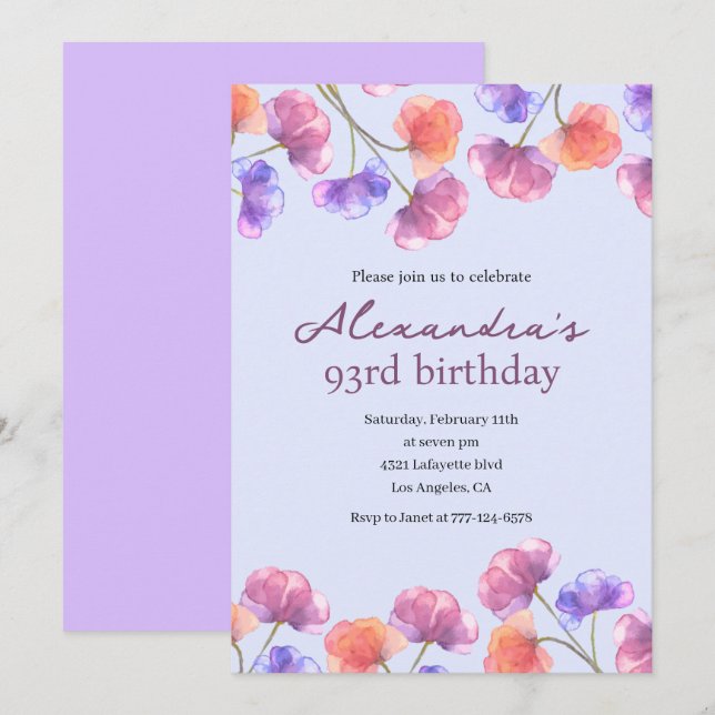 Cartes d'invitation élégantes 93ème Bohème Floral  (Devant / Derrière)