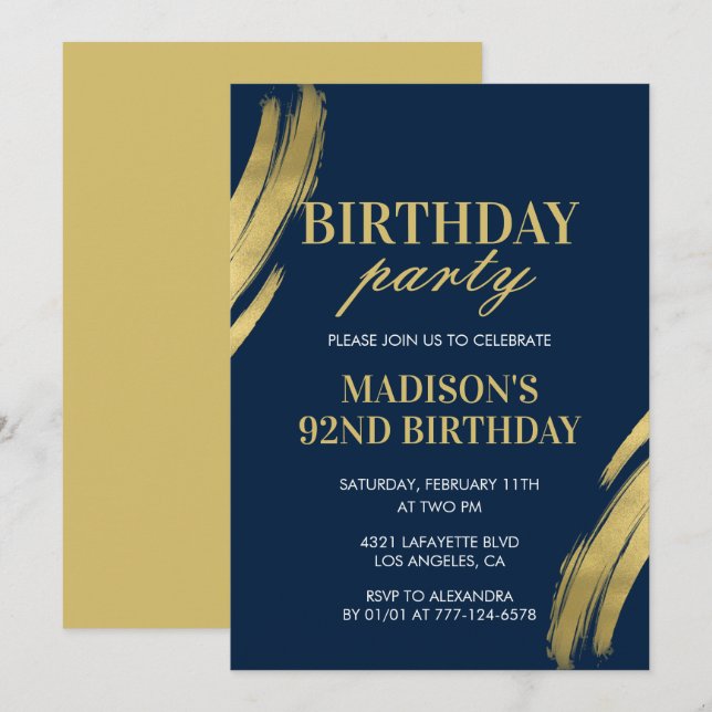 Cartes d'invitation élégantes bleu marine pour 92e (Devant / Derrière)