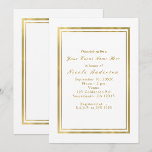 Cartes d'invitation élégantes et chic en or à feui