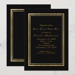 Cartes d'invitation élégantes et chic en or à feui