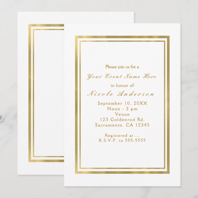 Cartes d'invitation élégantes et chic or et blanc  (Devant / Derrière)