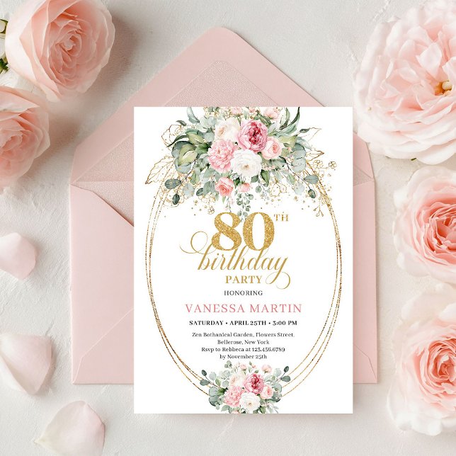 Cartes d'invitation élégantes et minimalistes pour (Elegant Minimal Blush Floral 80th Birthday Invitation

)