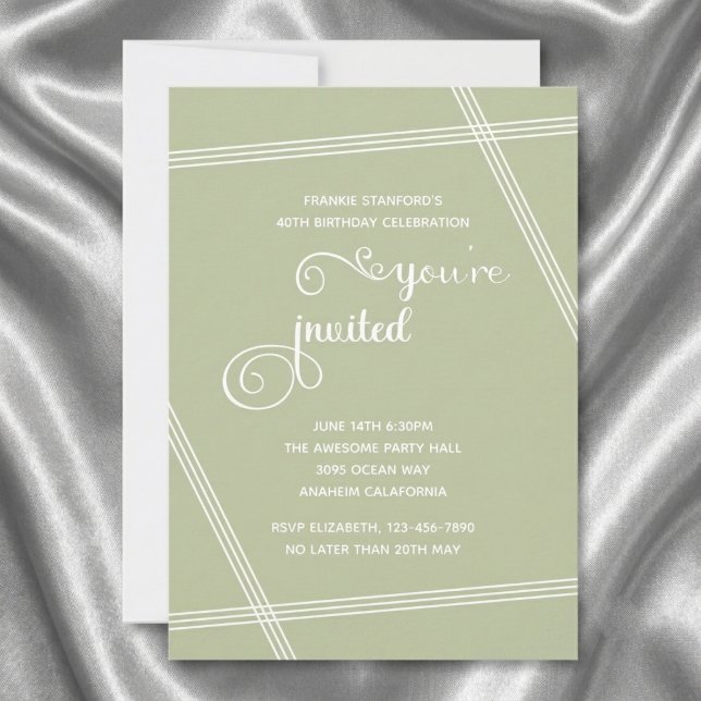 Cartes d'invitation élégantes et modernes pour un  (40th birthday sage green invite. Grey silk background.)