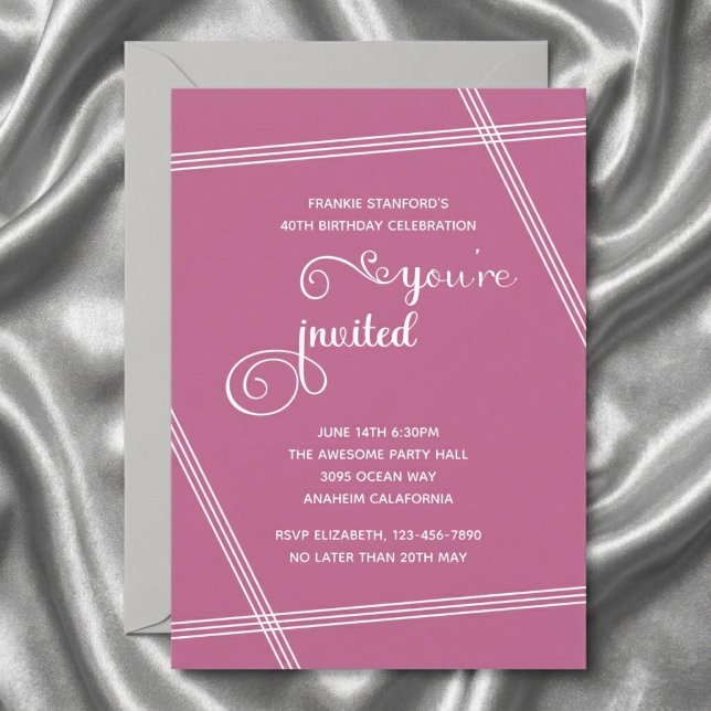 Cartes d'invitation élégantes et modernes pour un  (Pink 40th birthday invite. Grey silk background.)