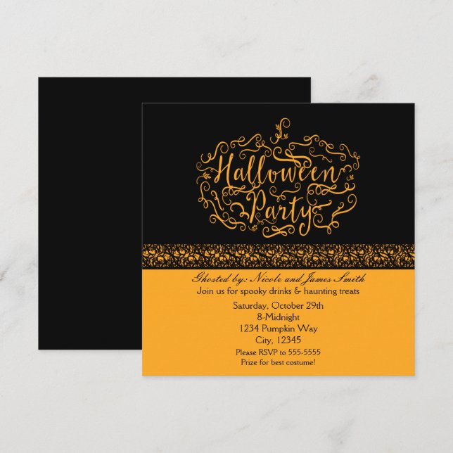 Cartes d'invitation élégantes orange et noir pour  (Devant / Derrière)
