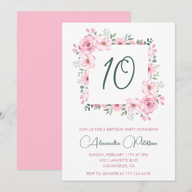 Cartes d'invitation élégantes pour 10 ans Fleurs R (Devant / Derrière)