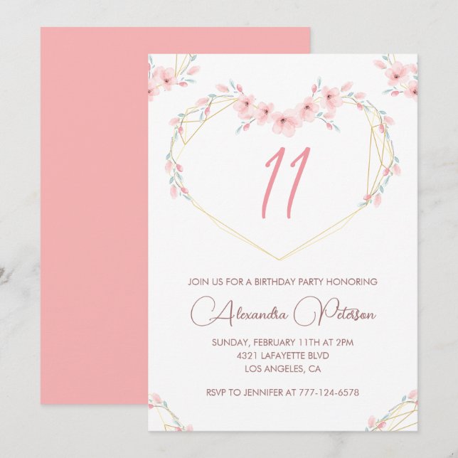 Cartes d'invitation élégantes pour 11 ans Fleurs r (Devant / Derrière)