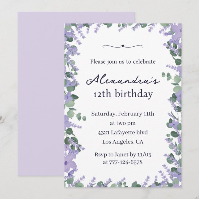 Cartes d'invitation élégantes pour 12 ans avec cad (Devant / Derrière)