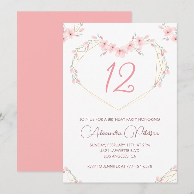 Cartes d'invitation élégantes pour 12 ans Fleurs r (Devant / Derrière)