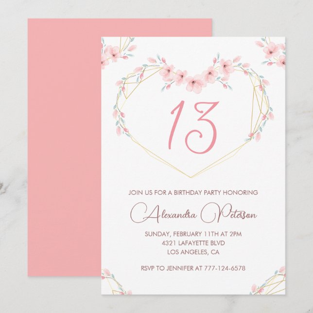 Cartes d'invitation élégantes pour 13 ans Fleurs r (Devant / Derrière)